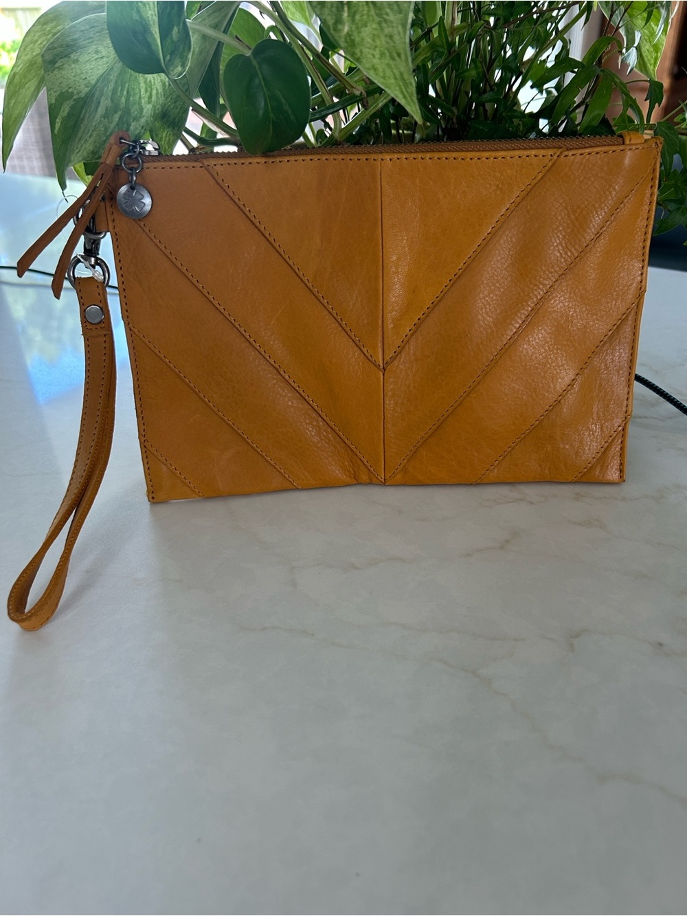 NWOT Lucky Brand wristlet Mustard Color chevron leather card slots